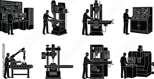 Industrial factory worker silhouette set operating CNC machines and manufacturing equipment, black vector illustration for engineering, automation, production, and industry concepts