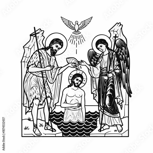 Baptism scene with angels and Christ in black and white illustration