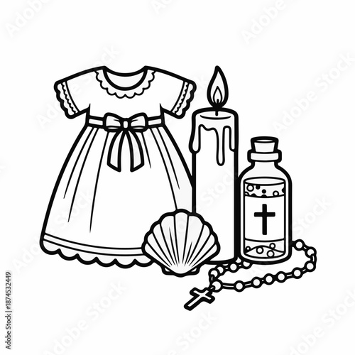 Baptism dress, candle, shell, and vial in black and white illustration
