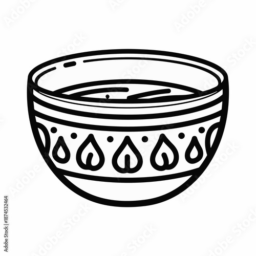 Decorative bowl with liquid and artistic patterns in black outline