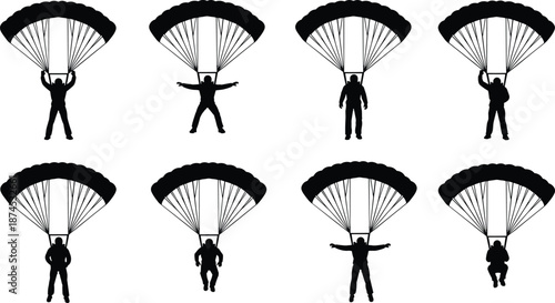 Skydiver parachute silhouette set showing different descent and landing poses, black vector illustration collection for aviation, extreme sport, military, and safety training concepts