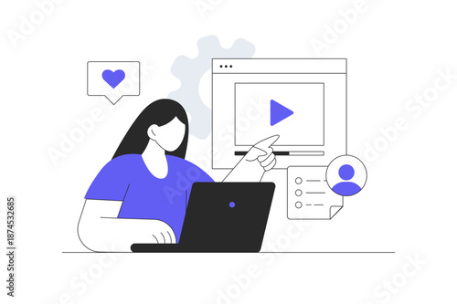 Social media. Woman posting new photos and videos, promoting blog with marketing tools, attracting new followers, sharing information.  Flat Cartoon Vector Illustration, icon Stylish abstract design 