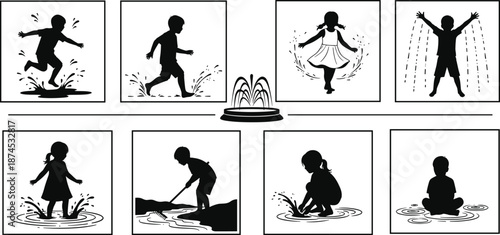 Kids playing in water silhouette set showing splashing, jumping, and fountain activities, black vector illustration collection for summer fun, childhood, park, and recreation themes