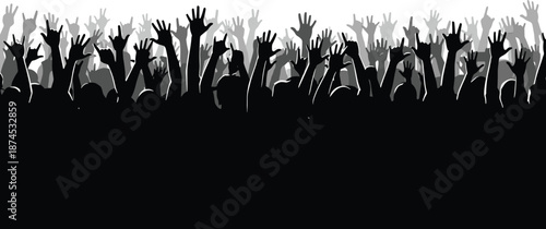 Crowd silhouette with raised hands cheering together, energetic black vector illustration for concert, festival, protest, celebration, audience, and social event concepts