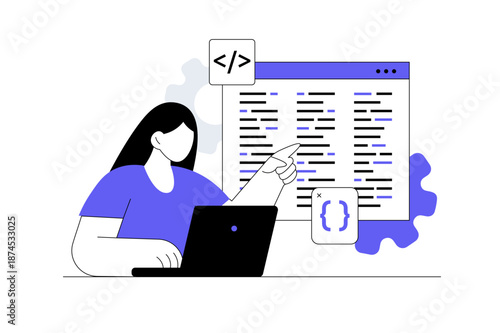 Programming software. Woman works at computer and writes code, creates and optimizes pages and programs. Flat Cartoon Vector Illustration, icon Stylish abstract design landing page web