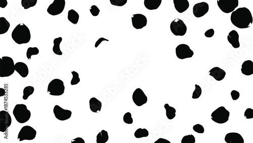 Black abstract irregular spots scattered randomly across a clean white background creating a stark modern pattern