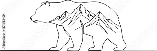 Majestic bear walking through mountain landscape in one line art