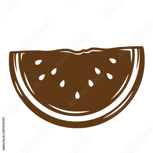 Illustration of a brown watermelon slice with seeds on white background