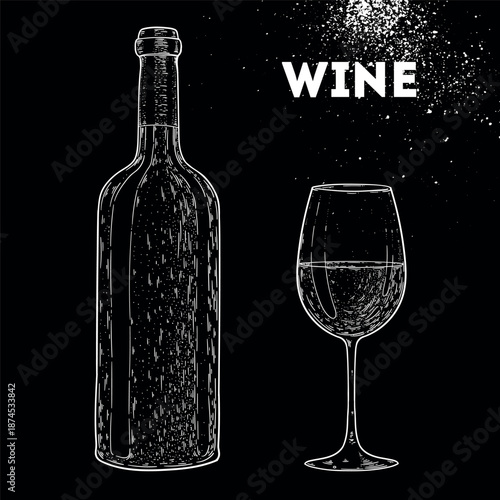 Bottle of wine and wine glass sketch. Vector drawing illustration. Hand drawn. Not AI Generated.