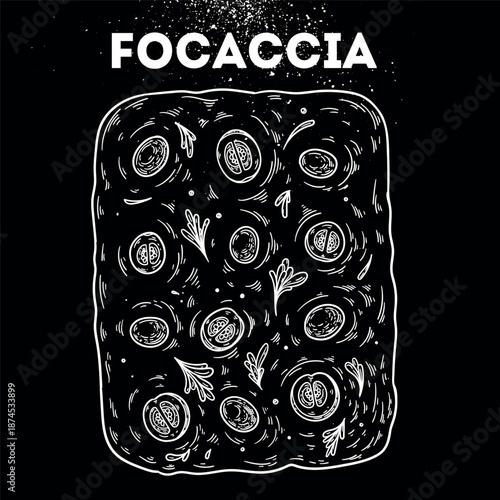 Focaccia sketch. Vector drawing illustration. Italian food. Italian cuisine. Hand drawn. Top view. Not AI Generated.