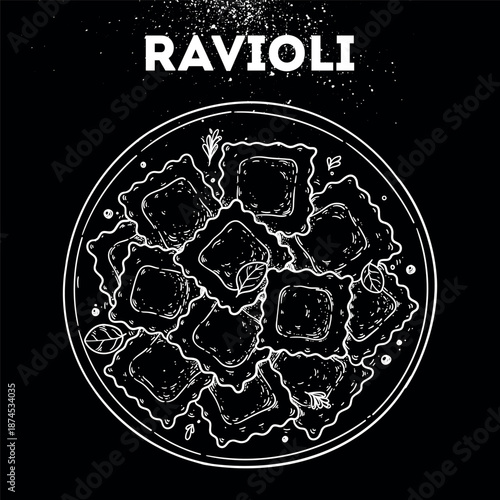 Ravioli sketch. Vector drawing illustration. Italian food. Italian cuisine. Hand drawn. Top view. Not AI Generated.