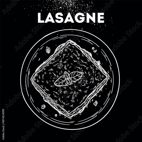 Lasagne sketch. Vector drawing illustration. Italian food. Italian cuisine. Hand drawn. Top view. Not AI Generated.