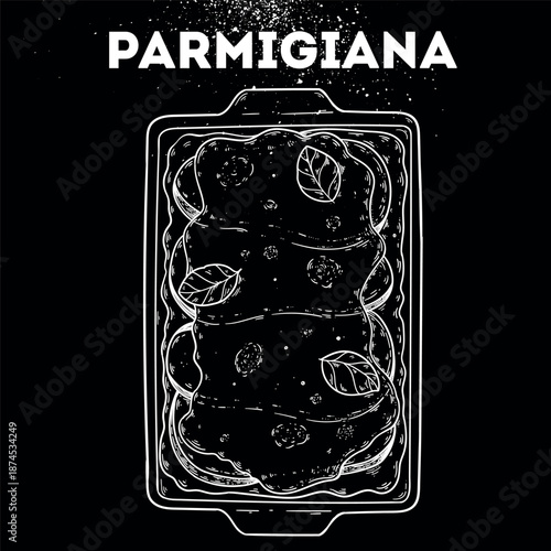 Parmigiana sketch. Vector drawing illustration. Italian food. Italian cuisine. Hand drawn. Top view. Not AI Generated.