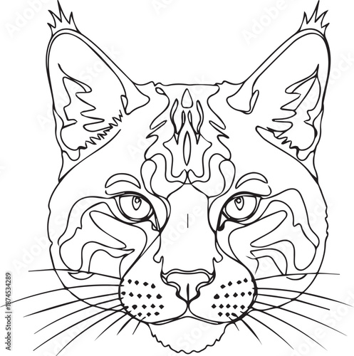 Detailed line art of a wild cat's face with intense gaze