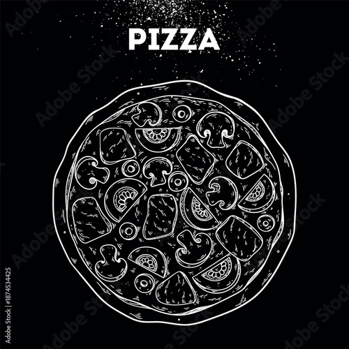 Pizza sketch. Vector drawing illustration. Italian food. Italian cuisine. Hand drawn. Top view. Not AI Generated.