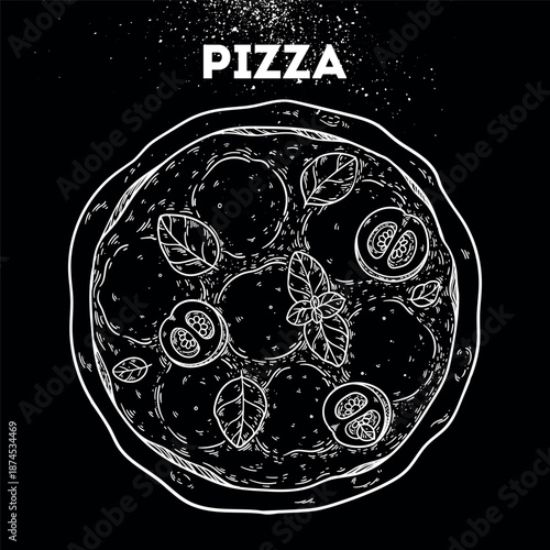 Pizza sketch. Vector drawing illustration. Italian food. Italian cuisine. Hand drawn. Top view. Not AI Generated.