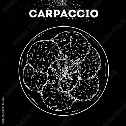 Sliced Carpaccio sketch. Vector drawing illustration. Italian food. Italian cuisine. Hand drawn. Top view. Not AI Generated.