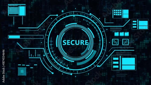 Abstract Digital Technology Background with Cybersecurity Interface,Advanced Information Protection System HUD with Secure Status,Futuristic Data Security and Privacy Technology HUD Screen