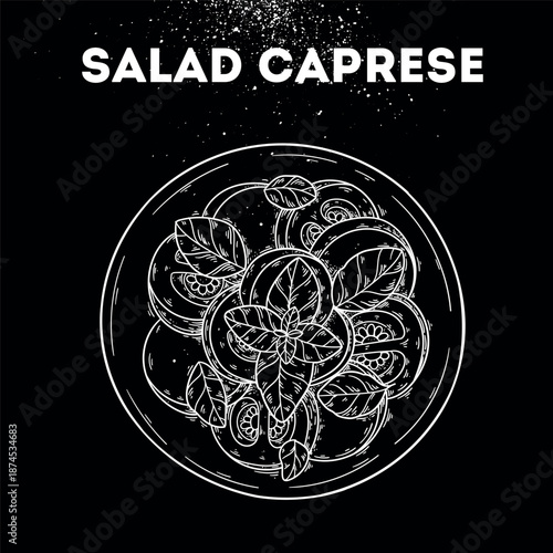 Caprese salad sketch. Vector drawing illustration. Italian food. Italian cuisine. Hand drawn. Top view. Not AI Generated.