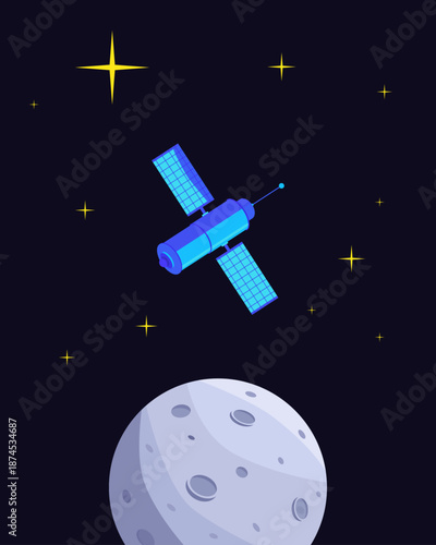 Flat vector illustration of a blue artificial satellite orbiting a cratered moon in deep space with bright yellow stars, cosmic exploration and telecommunications concept