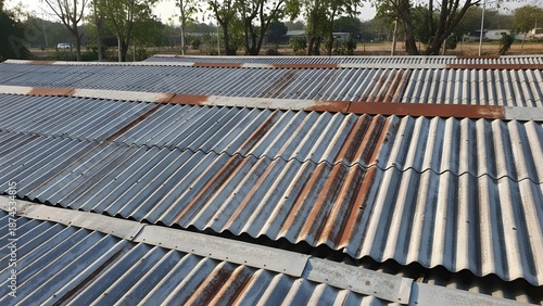 Rusty corrugated metal roofing sheets on an industrial building with weathered edges and outdoor background