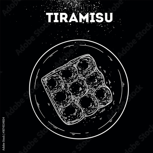 Tiramisu sketch. Vector drawing illustration. Italian food. Italian cuisine. Hand drawn. Top view. Not AI Generated.