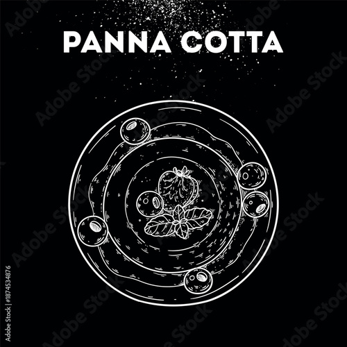 Panna cotta sketch. Vector drawing illustration. Italian food. Italian cuisine. Hand drawn. Top view. Not AI Generated.