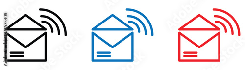 Sending mail message notification outline icon set: black, blue, and red internet email concept