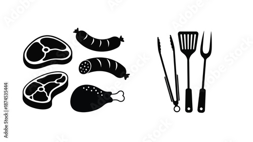 Barbecue essentials showcasing various meats and grilling tools in black and white
