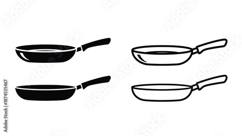 Black and white illustration of various frying pans and skillets