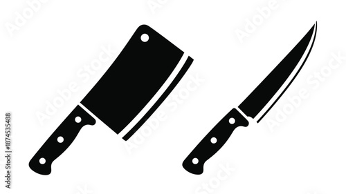 A silhouette depiction of a cleaver and a kitchen knife isolated on white