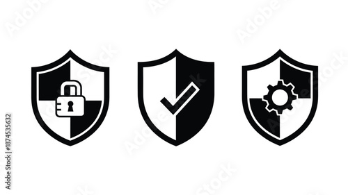 Three black shield icons displaying a lock checkmark and gear