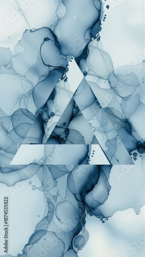 Abstract blue alcohol ink texture with geometric triangle overlay, fluid watercolor background for modern design projects and creative wallpapers