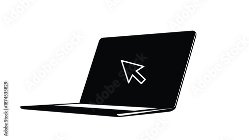 A black laptop with a white cursor displayed on the screen