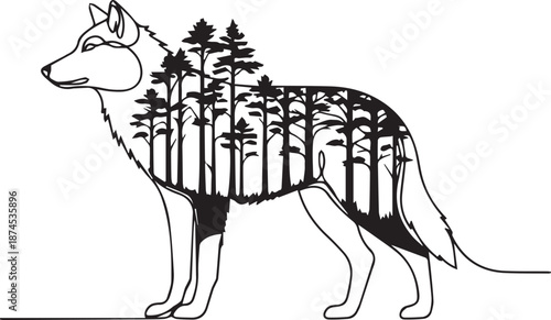 Wolf with forest inside body standing in profile view