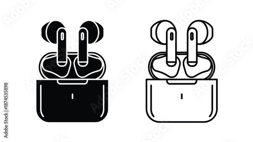 Black and white line art illustration of wireless earbuds and charging case