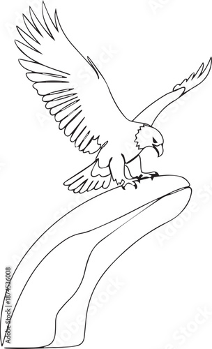 Eagle landing on rock formation with wings spread wide