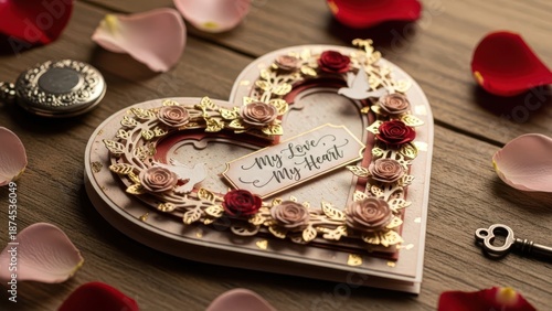 Romantic heart shaped frame with flowers and key on wooden table with rose petals
