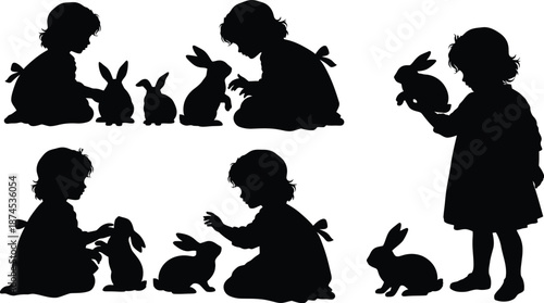 Children interacting with rabbits in a charming black silhouette