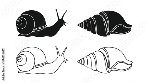 Black and white illustrations depicting four snails in different styles