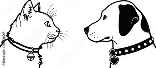 Cat and Dog Profiles Line Art Illustration