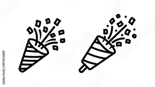 Two party poppers with confetti bursts simple line art illustration