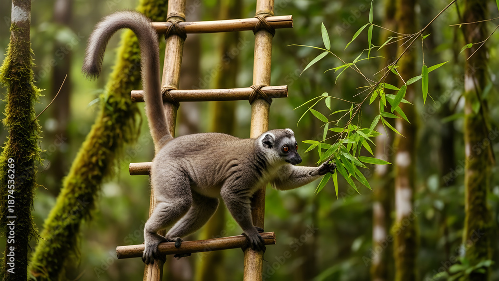 Naklejka premium Ring- Tailed Lemur Climbing a Bamboo Ladder in a Mossy Forest ring-tailed lemur primate