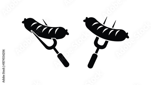 Two grilled sausages on forks a simple black and white illustration