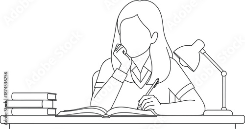 A student diligently studying with books and a lamp line art silhouette