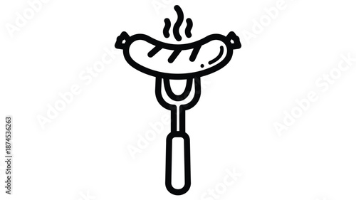 A simple black and white illustration of a hotdog on a fork