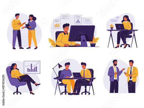 Business people sitting at a table and discussing with speech bubbles