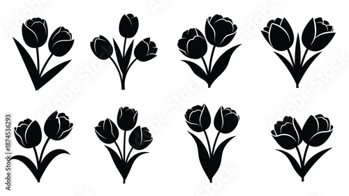 Black tulip silhouettes arranged in a grid showing variations in bloom