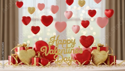 Valentines day decoration with hearts and gifts on a table indoors