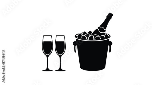Champagne bottle ice bucket and two glasses a celebratory black silhouette design